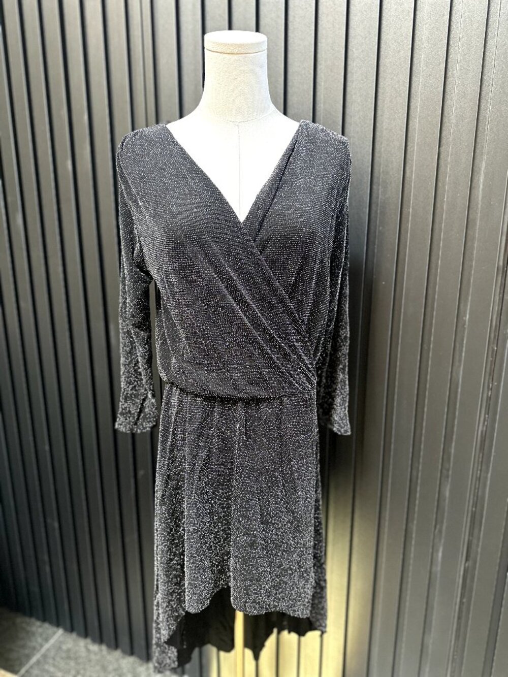 Metallic Silver Wrap Dress Long Sleeve Asymmetrical Hem
